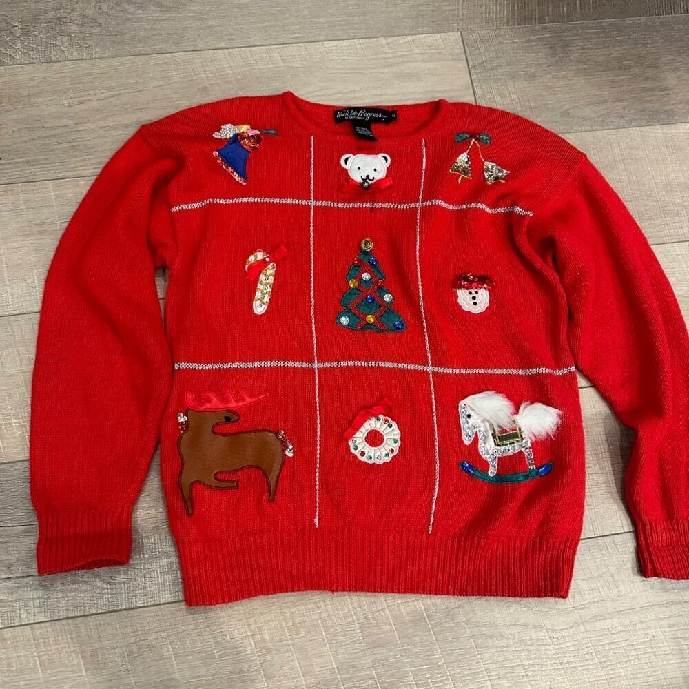 WORK IN PROGRESS BY GLADYS BAGLEY RED CHRISTMAS SWEATER SMALL WOMENS